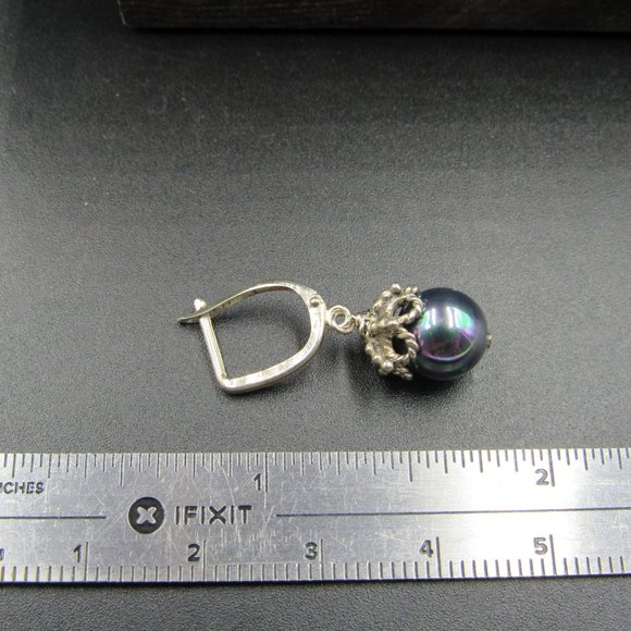 Sterling Silver Ornate Faux Purple Pearl Earrings - Picture 5 of 6